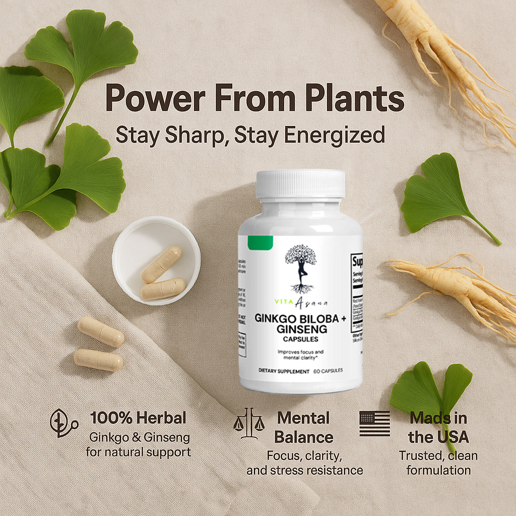 Ginkgo Biloba & Ginseng Capsules | Korean Red Panax Ginseng | Brain Support | Energy Boost | Focus & Memory | Cognitive Health | Vita Asana