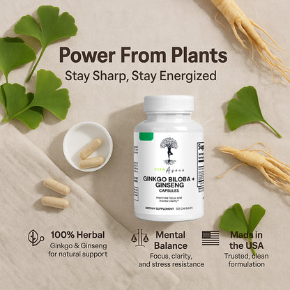 Ginkgo Biloba & Ginseng Capsules | Korean Red Panax Ginseng | Brain Support | Energy Boost | Focus & Memory | Cognitive Health | Vita Asana