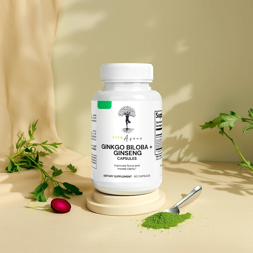 Ginkgo Biloba & Ginseng Capsules | Korean Red Panax Ginseng | Brain Support | Energy Boost | Focus & Memory | Cognitive Health | Vita Asana