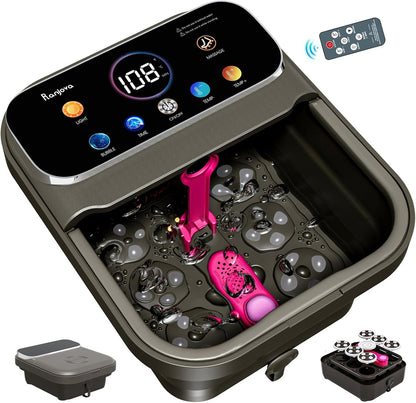 Collapsible Foot Spa with Heat & Bubbles | Foot Bath Massager with Temperature Control, Remote, Rollers & Pedicure Stone