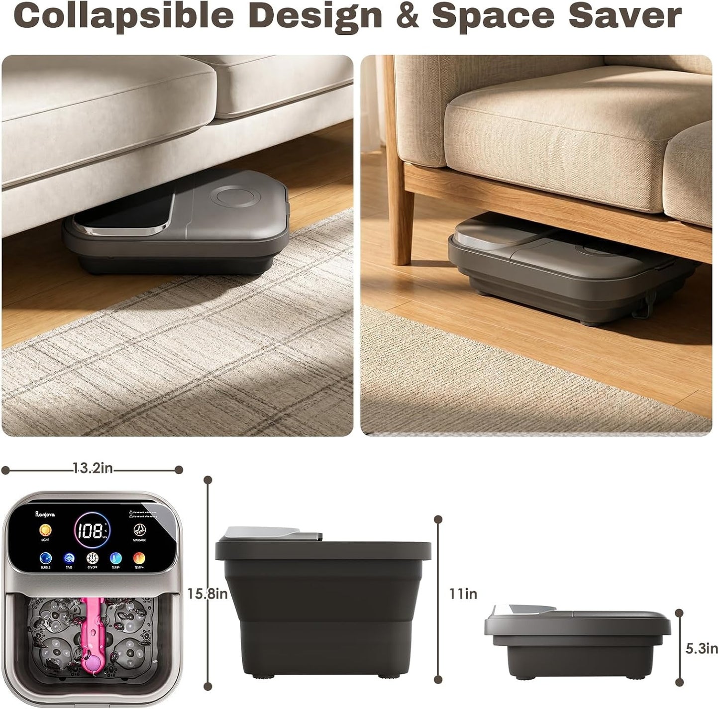 Collapsible Foot Spa with Heat & Bubbles | Foot Bath Massager with Temperature Control, Remote, Rollers & Pedicure Stone