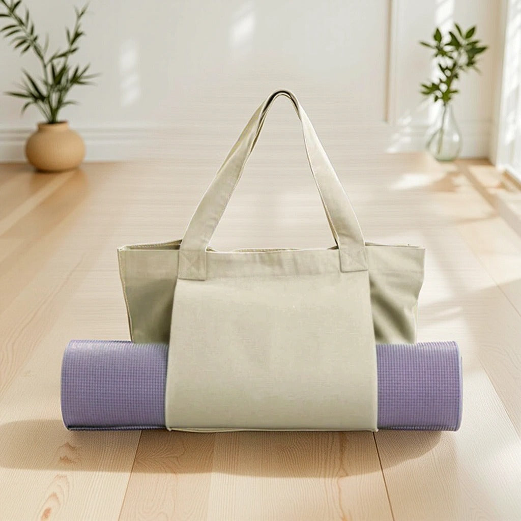 Yoga Mat Carry Tote Bag | Durable Canvas Shoulder Bag with Extra Storage | Fits 24" Yoga Mats, Towels & Bottles Khaki