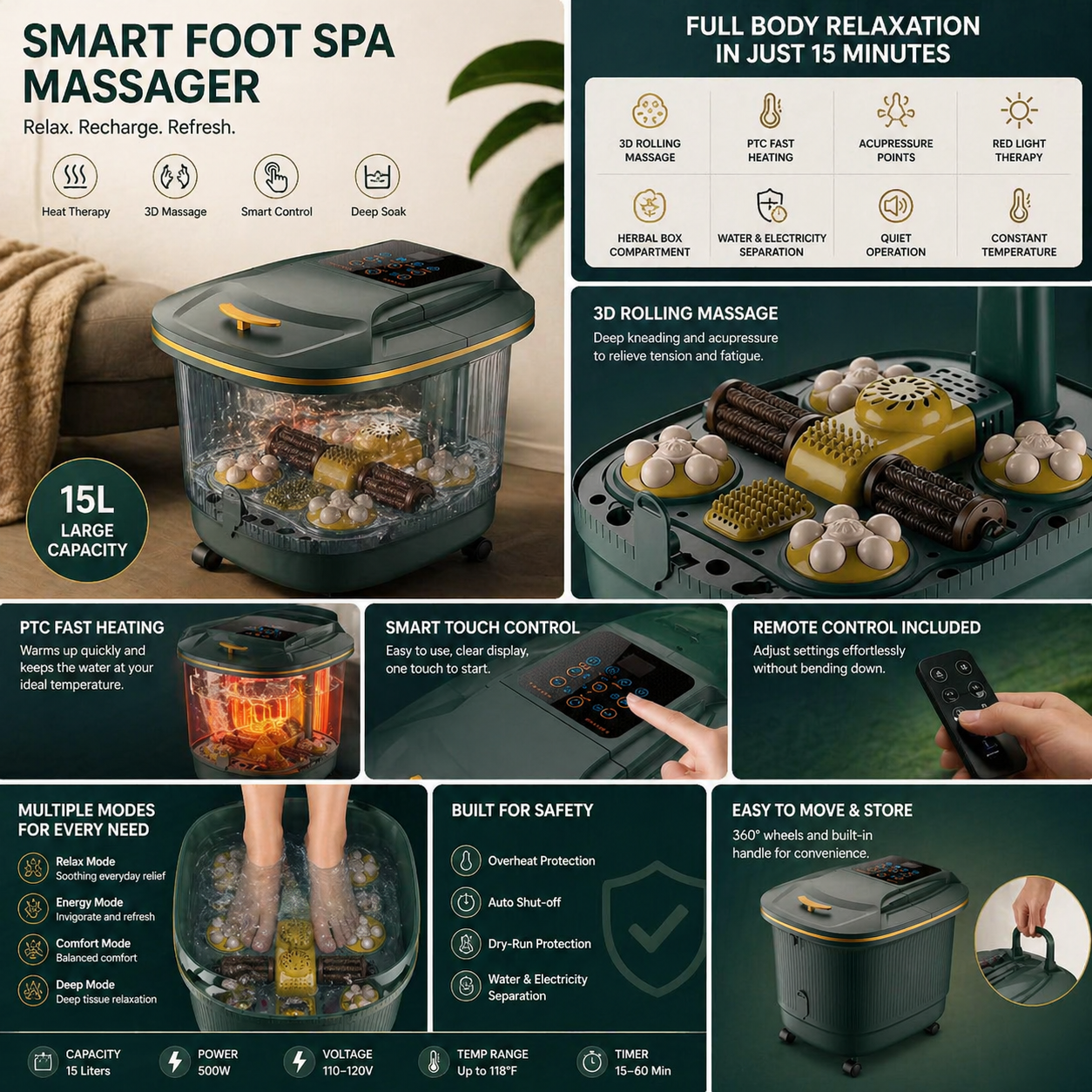 Foot Spa Bath Massager | Heated Deep Soak Foot Bath, 3D Rollers & Smart Temperature Control
