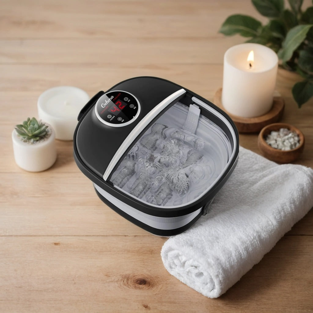 Foldable Foot-Spa Bath Massager – 96-116 °F Heat, Bubble & Spray Jets, 6 Manual Rollers, Red-Light Therapy, 10–60 min Timer Black