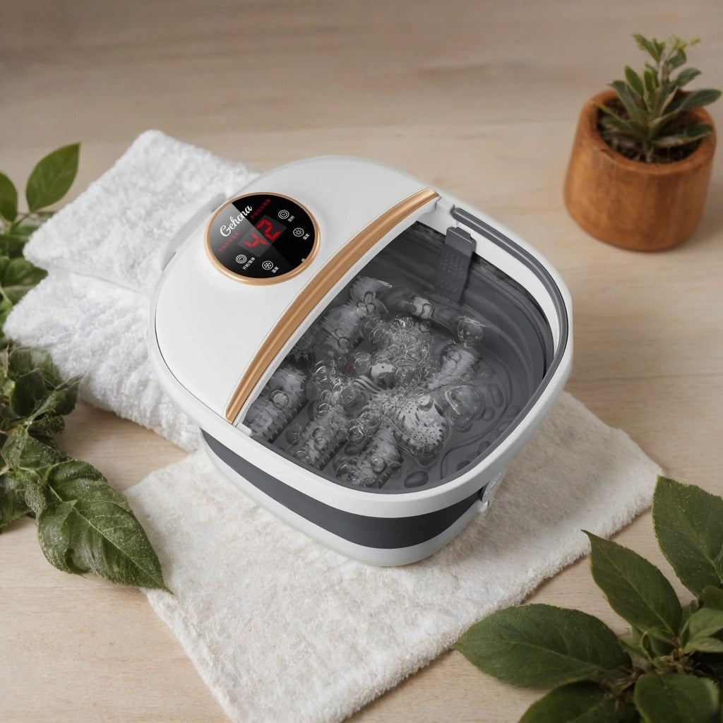 Foldable Foot-Spa Bath Massager – 96-116 °F Heat, Bubble & Spray Jets, 6 Manual Rollers, Red-Light Therapy, 10–60 min Timer White