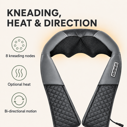 Shiatsu Neck and Shoulder Massager with Heat | 8 Kneading Nodes, 3 Speeds, Auto Reverse & Car Adapter