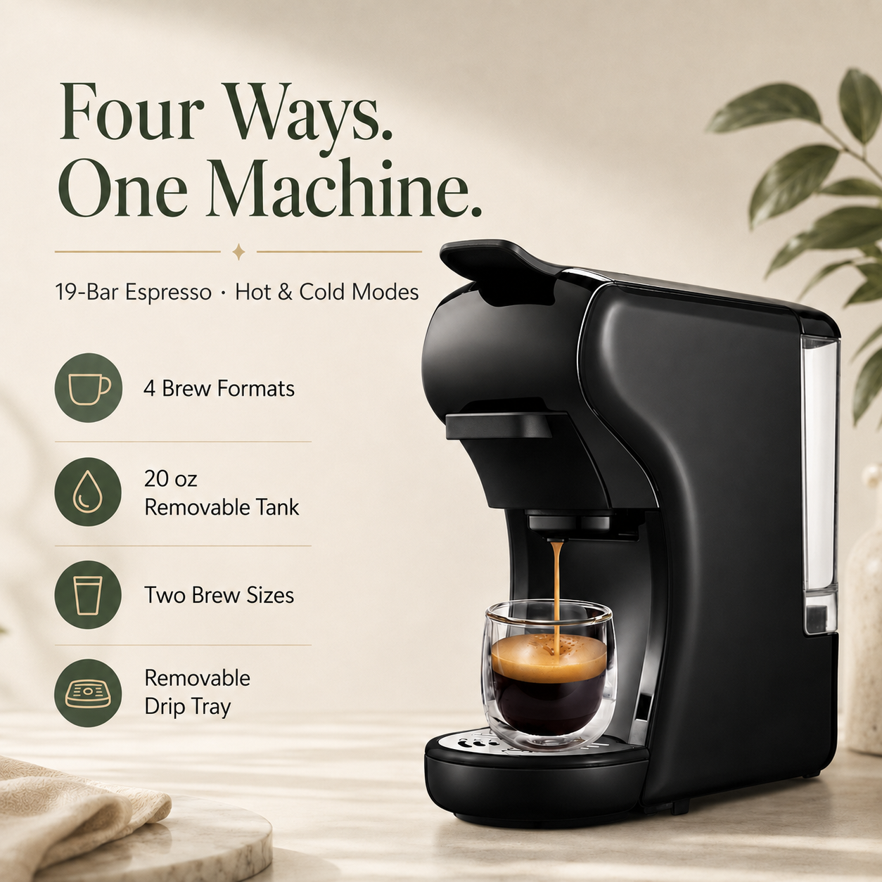 4-in-1 Capsule Coffee Machine | Compatible with Nespresso Original, K-Cup and Dolce Gusto Pods plus Ground Coffee, 19-Bar Hot/Cold
