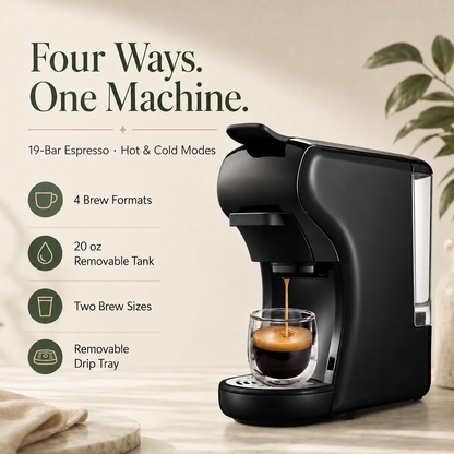 4-in-1 Capsule Coffee Machine | Compatible with Nespresso Original, K-Cup and Dolce Gusto Pods plus Ground Coffee, 19-Bar Hot/Cold