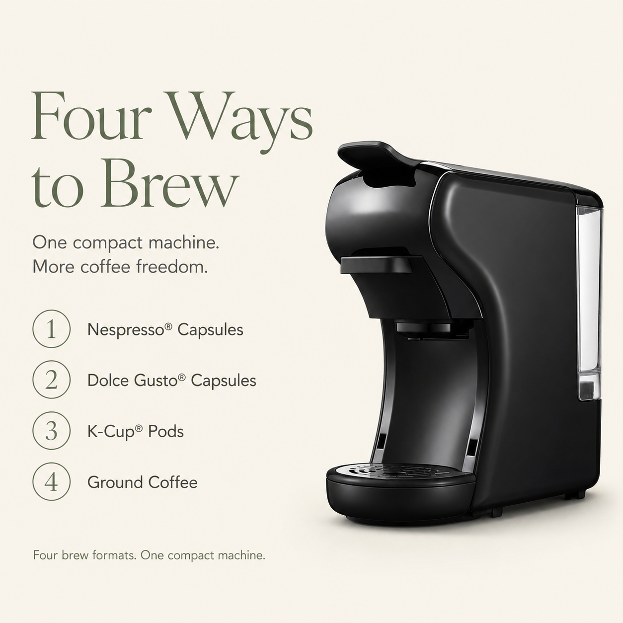 4-in-1 Capsule Coffee Machine | Compatible with Nespresso Original, K-Cup and Dolce Gusto Pods plus Ground Coffee, 19-Bar Hot/Cold