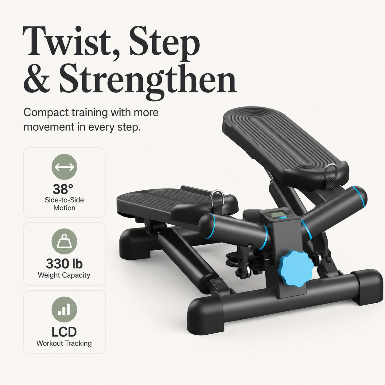 Hydraulic Mini Twist Stepper with LCD Monitor | 38° Side-to-Side Motion, Quiet Resistance, 330 lb Capacity & Compact 1.36 sq ft Design