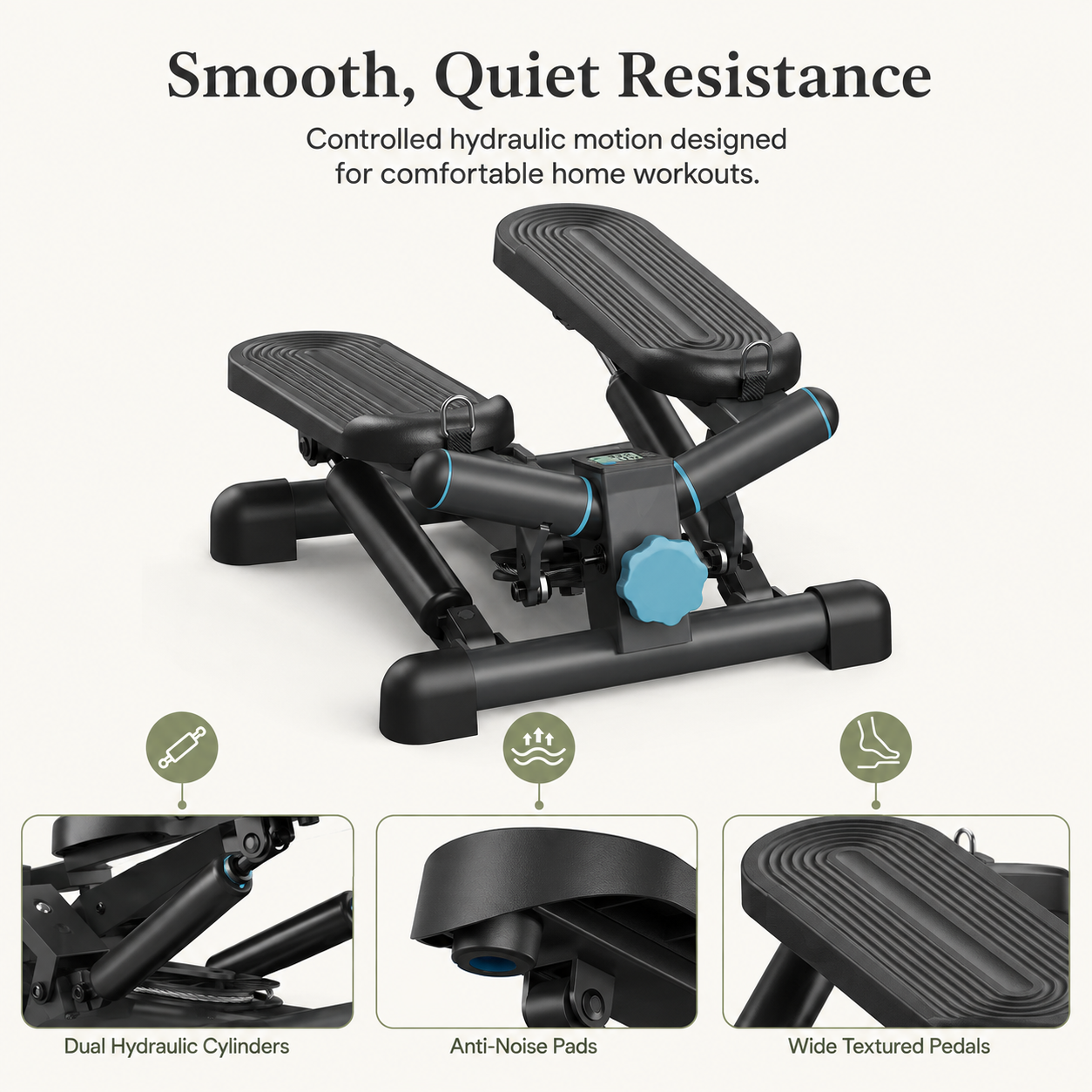 Hydraulic Mini Twist Stepper with LCD Monitor | 38° Side-to-Side Motion, Quiet Resistance, 330 lb Capacity & Compact 1.36 sq ft Design