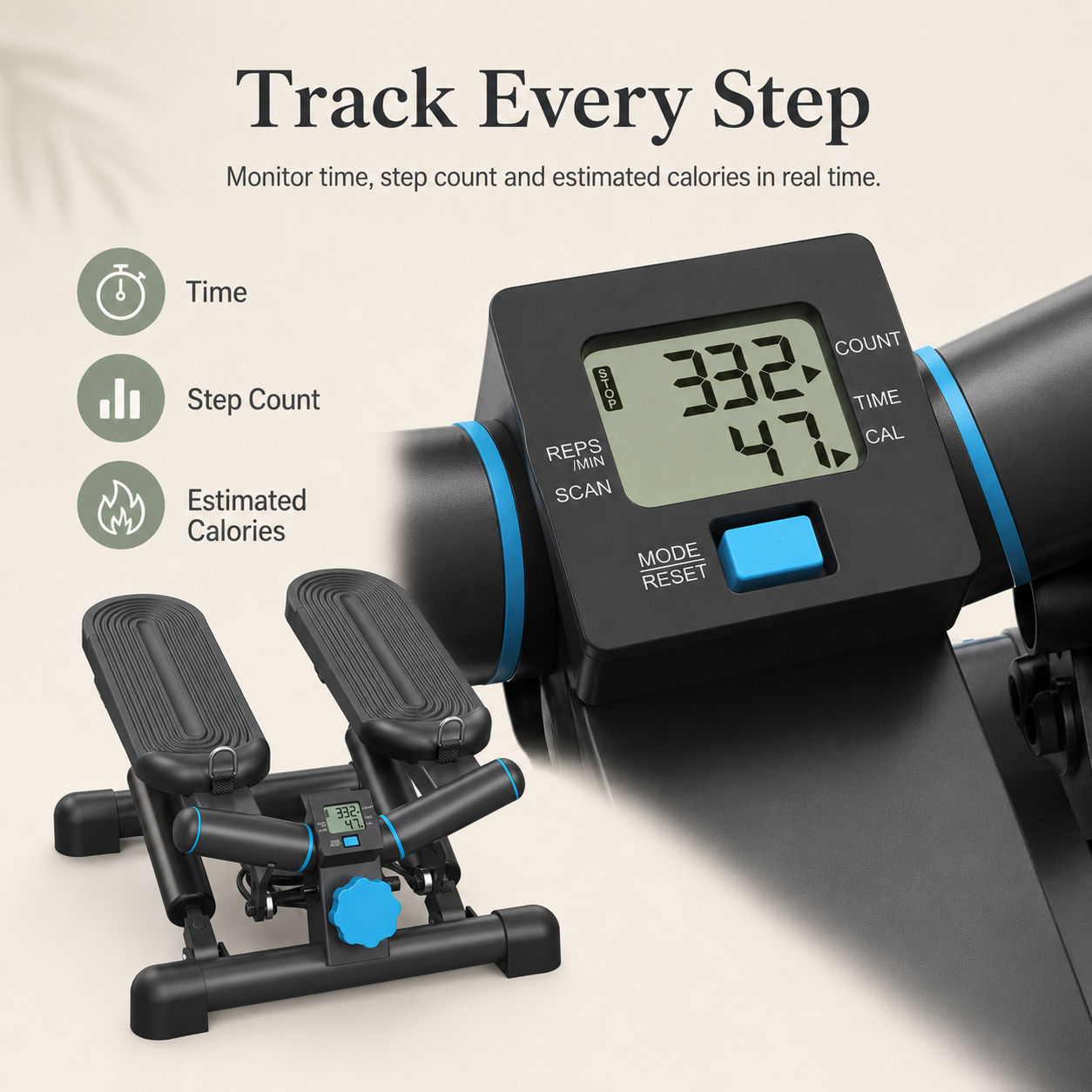 Hydraulic Mini Twist Stepper with LCD Monitor | 38° Side-to-Side Motion, Quiet Resistance, 330 lb Capacity & Compact 1.36 sq ft Design