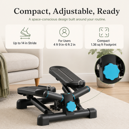 Hydraulic Mini Twist Stepper with LCD Monitor | 38° Side-to-Side Motion, Quiet Resistance, 330 lb Capacity & Compact 1.36 sq ft Design