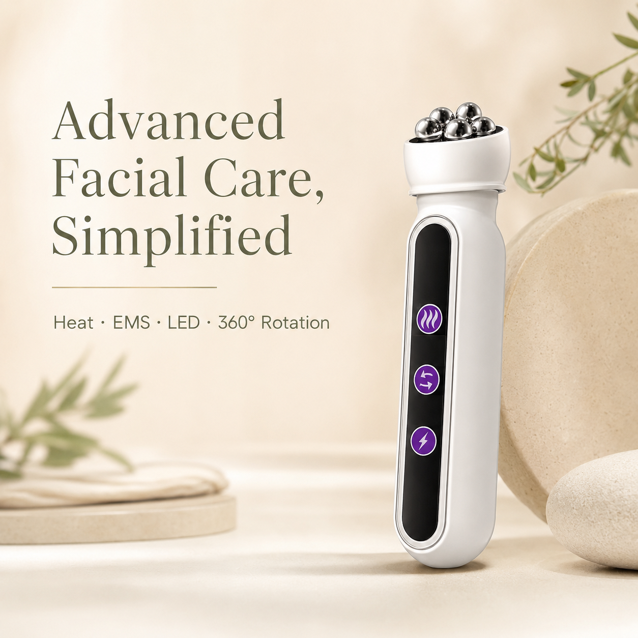 3-in-1 RF EMS Facial Roller with 360° Rotation | Microcurrent, 42°C Heat & Red Blue Yellow LED Modes for Face and Body