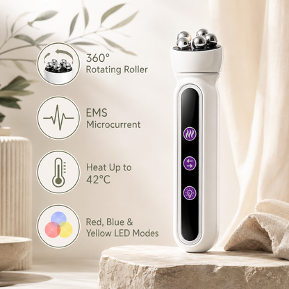 3-in-1 RF EMS Facial Roller with 360° Rotation | Microcurrent, 42°C Heat & Red Blue Yellow LED Modes for Face and Body