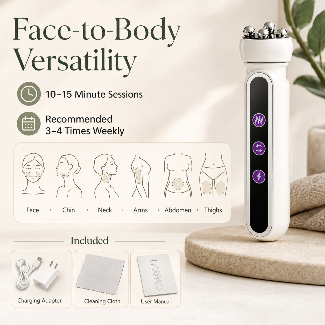 3-in-1 RF EMS Facial Roller with 360° Rotation | Microcurrent, 42°C Heat & Red Blue Yellow LED Modes for Face and Body